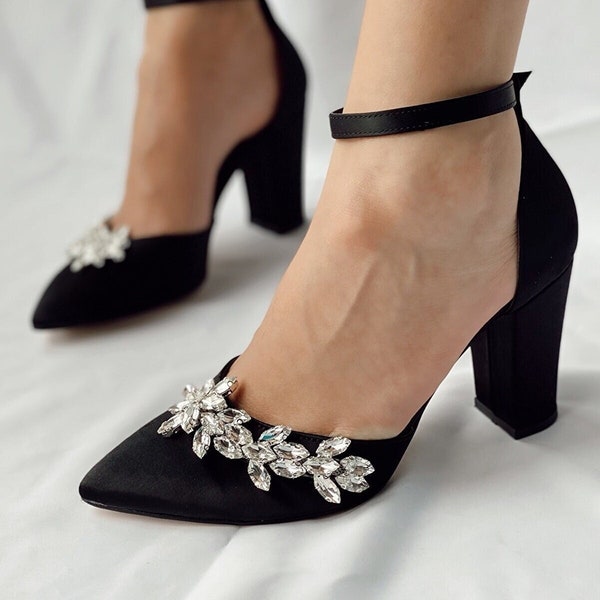 Black Block Heels,  Black Heels, Wedding Shoes, Shoes For Women, Black Ankle Strap, Satin, Stiletto,Bridal Heels, Black Block Heels Sandals,