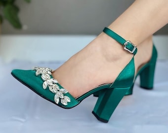Green Block Heels,  Gift For Her, Wedding Shoes, Green Heels, Emerald Green Heels, Satin, Bridal Heels, Green Block Heels Sandals,Block Heel