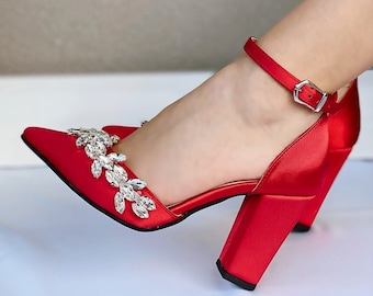 Red Block Heels,  Red Heels, Red Wedding Shoes,   Shoes For Women, Red Ankle Strap,  Satin, Stiletto, Bridal Heels , Red Block Heels Sandals