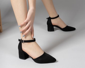 Handmade Black Ankle Strap Block Heel Sandals, Wedding Shoes
