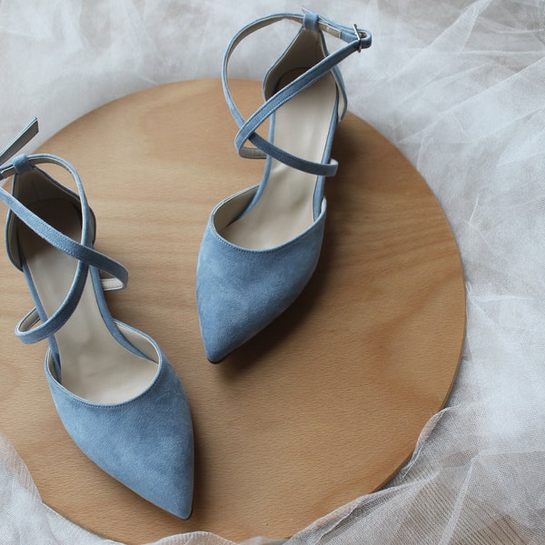 Chaussures de mariage bleu poussiéreux, chaussures de mariage, bande croisée, chaussures femme, talons bloc, cadeau pour elle, talon de mariée, pompes talons bloc, talon bas