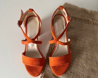 Orange Block Heel,  Orange Wedding Shoes,  Orange Heel,  Orange Block Heel Sandals,   Bride Shoes,  Bridal Shoes, Woman Shoes