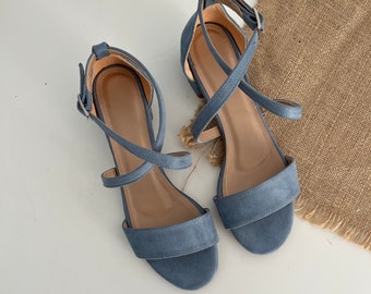 Talon bloc bleu poussiéreux, chaussures de mariage bleu poussiéreux, talon bleu, sandales à talons bloc bleus, chaussures de mariée, chaussures de mariée, chaussures femme