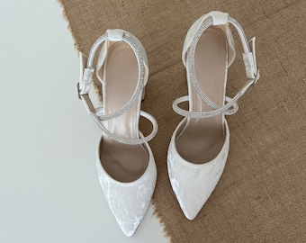 White Wedding Shoes, Velvet Bride Shoes, Block Heel Wedding Shoes, Wedding Shoes For Bride,  Bridal Shoes, Velvet Bridal Shoes,