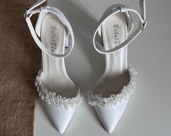 Pearl Wedding Shoes, White Ankle Strap, White Wedding Shoes, White Bridal Shoes, Bride Shoes, White Block Heels, Wedding Shoes For Bride