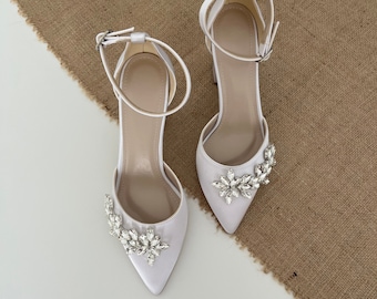 Chaussures de mariage blanches, bride cheville blanche, talon bloc blanc, chaussures de mariage personnalisées, talon pour mariée, chaussures de mariée, chaussures de mariage pour la mariée