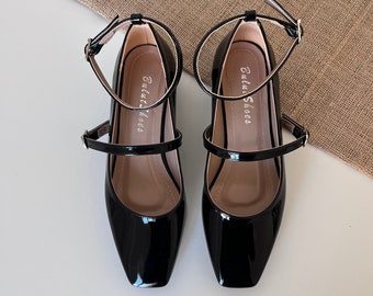 Zapatos Mary Jane veganos de charol negro con tacón de bloque para novia y boda