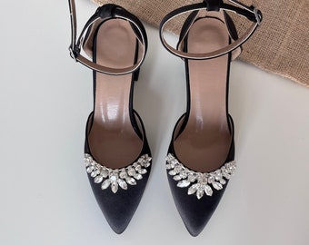 Black Satin Block Heel, Rhinestone Ankle Strap, Shoes For Bride, Bridal Shoes For Bride