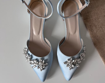 Zapatos de boda azules, zapatos de novia azul claro, correas de tobillo azules, tacones de bloque azules, zapatos de novia azul pálido, zapatos de boda para novia