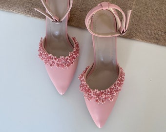 Powder Wedding Shoes, Pearl Wedding Shoes, Powder Ankle Strap, Wedding Shoes For Bride, Bride Shoes, Bridal Shoes, Pearl Bride Shoes