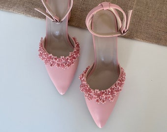 Poeder trouwschoenen, bruidsschoenen parel, enkelbandje poeder, trouwschoenen voor bruid, schoenen bruid, bruidsschoenen, schoenen parel bruid