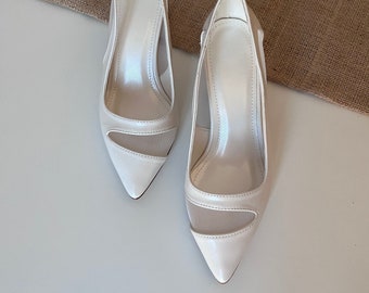 Sapatos de casamento de tule, sapatos de noiva de tule, sapatos de casamento marfim para noiva, sapatos de casamento personalizados, sapatos de casamento marfim, salto bloco marfim