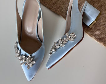 Light Blue Wedding Shoes, Wedding Shoes For Bride, Embroidered Wedding Shoes, Light Blue Block Heels, Bride Block Heel, Ice Blue Shoes