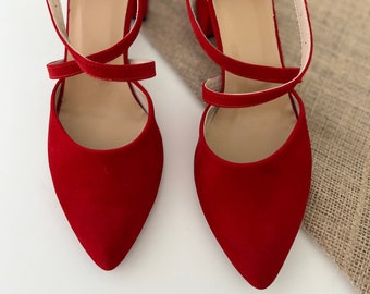 Rote Schuhe, rote Knöchel Riemen, Frauenschuhe, Blockabsatz, rote Hochzeitsschuhe, für Frauen, Brautabsatz, Brautschuh, niedrige Ferse