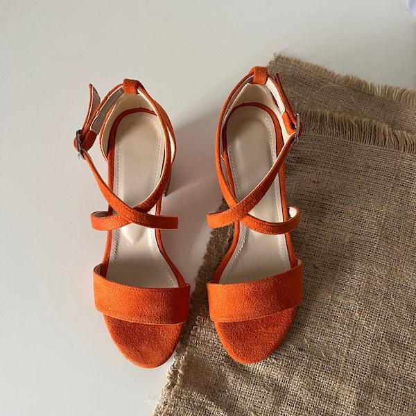 Orange Block Heel,  Orange Wedding Shoes,  Orange Heel,  Orange Block Heel Sandals,   Bride Shoes,  Bridal Shoes, Woman Shoes