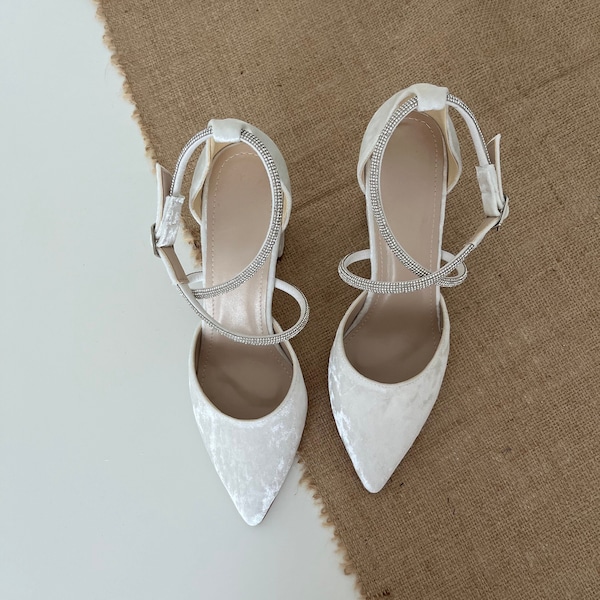 White Wedding Shoes, Velvet Bride Shoes, Block Heel Wedding Shoes, Wedding Shoes For Bride,  Bridal Shoes, Velvet Bridal Shoes,