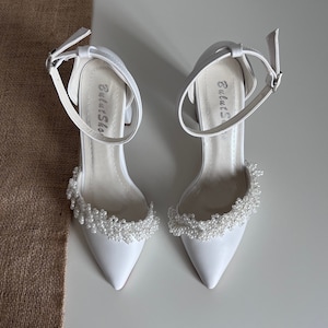 Pearl Wedding Shoes, White Ankle Strap, White Wedding Shoes, White Bridal Shoes, Bride Shoes, White Block Heels, Wedding Shoes For Bride