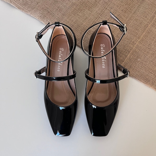 Mary Jane Block Heel,  Black Patent Leather Shoes,  Black Block Heel, Mary Jane Shoes, Black Bridal Shoes, Wedding Shoes For Bride