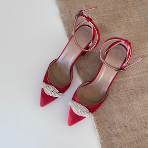 Red Block Heels, Stone Detailed Shoes, Red Heels, Red Wedding Shoes,   Shoes For Women, Red Ankle Strap,  Bridal Heels ,Block Heels Sandals