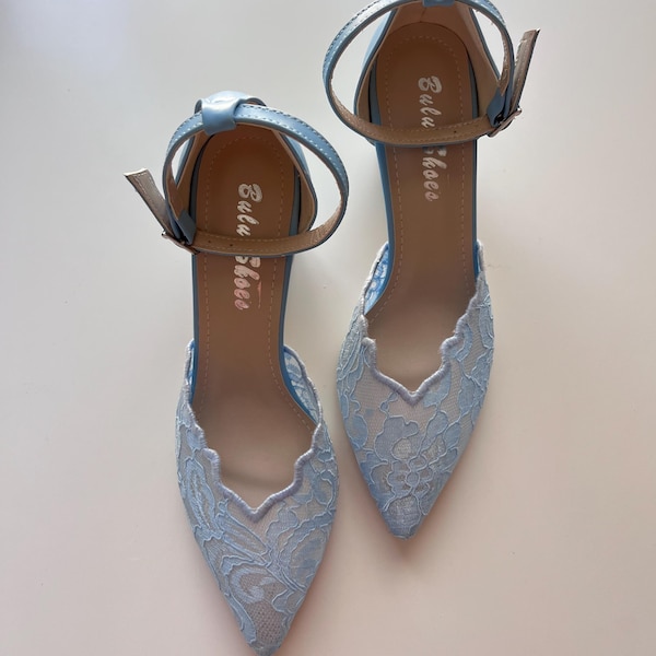 Lace Wedding Shoes, Blue Lace Wedding Shoes, Blue Block Heel, Tulle Blue Wedding Shoes, Blue Bridal Heel