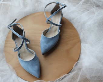 Chaussures de mariage bleu poussiéreux, chaussures de mariage, bande croisée, chaussures femme, talons bloc, cadeau pour elle, talon de mariée, pompes talons bloc, talon bas