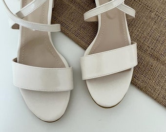Ivory Wedding Shoes, Ankle Strap Block Heel Sandals