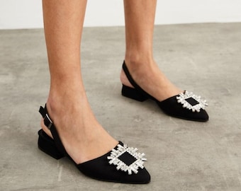 Black Suede Low Heel Shoes, Bridal Evening Slingbacks