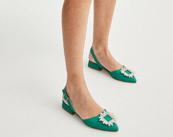 Emerald Green Satin Wedding Shoes, Stone Detail, Low Block Heel