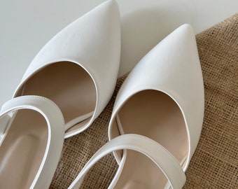 White Ankle Strap Block Heel Shoes, Bridal Bridesmaid Shoes