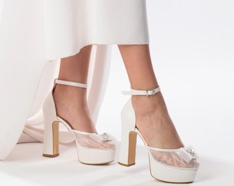 Ivory Platform Wedding Shoes, Bridal High Heel, Comfort Bride Shoes