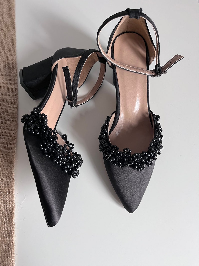 Pearl Wedding Shoes, Black Ankle Strap, Black Block Heels, Black Wedding Shoes, Shoes For Bride, Black Bridal Shoes, Bride Shoes image 2