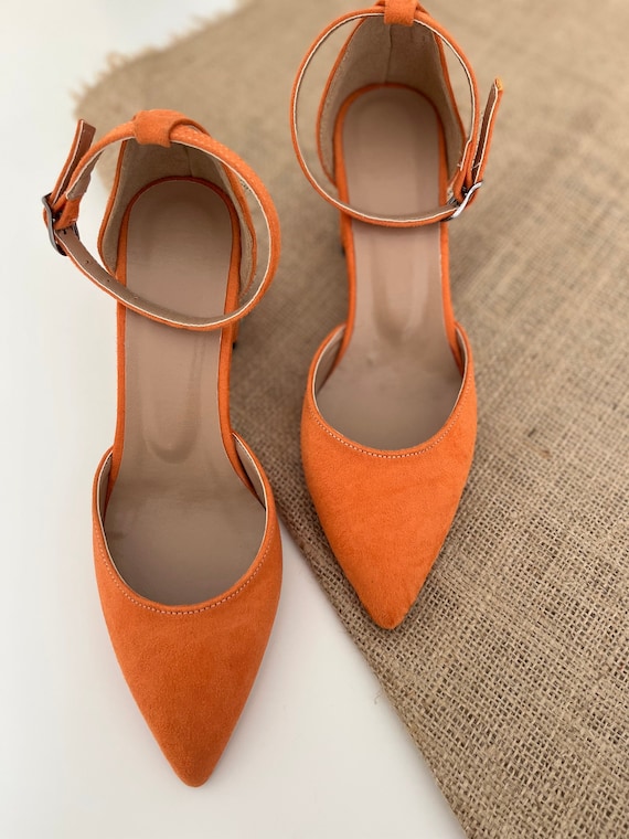 Orange Diamante Detail Satin Cake Stand Heeled Courts | Dressed in Lucy