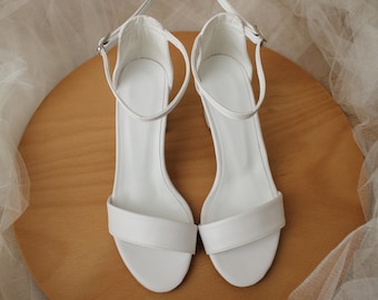 White Ankle Strap,  Wedding Shoes For Bride Low Heel,  White Wedding Shoes,  Beach Wedding Shoes, White Block Heels,  Boho Wedding Shoes