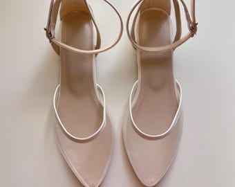 Ivory Bridal Shoes Mesh Flat, Wedding Shoes with Ankle Strap, Translucent Sheer Shoes for Bride, Comfortable Evening Shoes