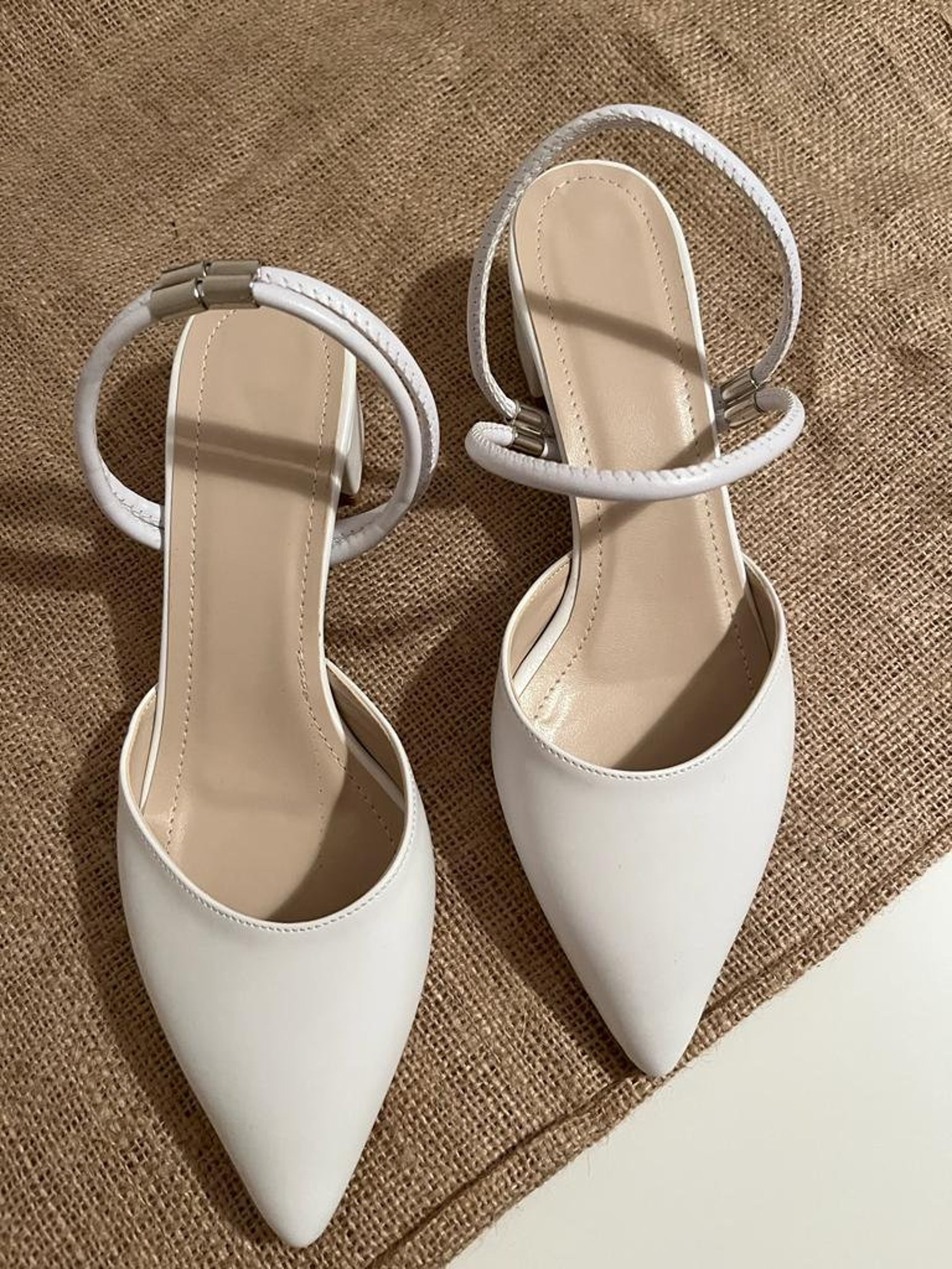 satin white block heels
