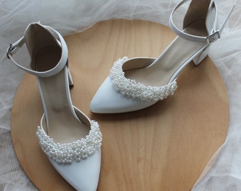 White Block Heels, White Heels, Wedding Shoes,  Shoes For Women, Shoes For Girls, Low Heels,  Bridal Heels, White Block Heels Sandals