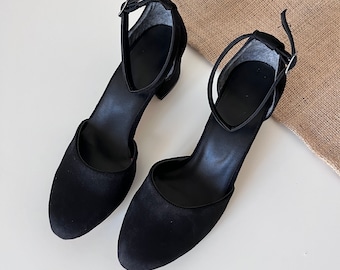 Black Block Heel, Black Round Shoes, Wedding Shoes, Bride Shoes, Daiy Wear Shoes