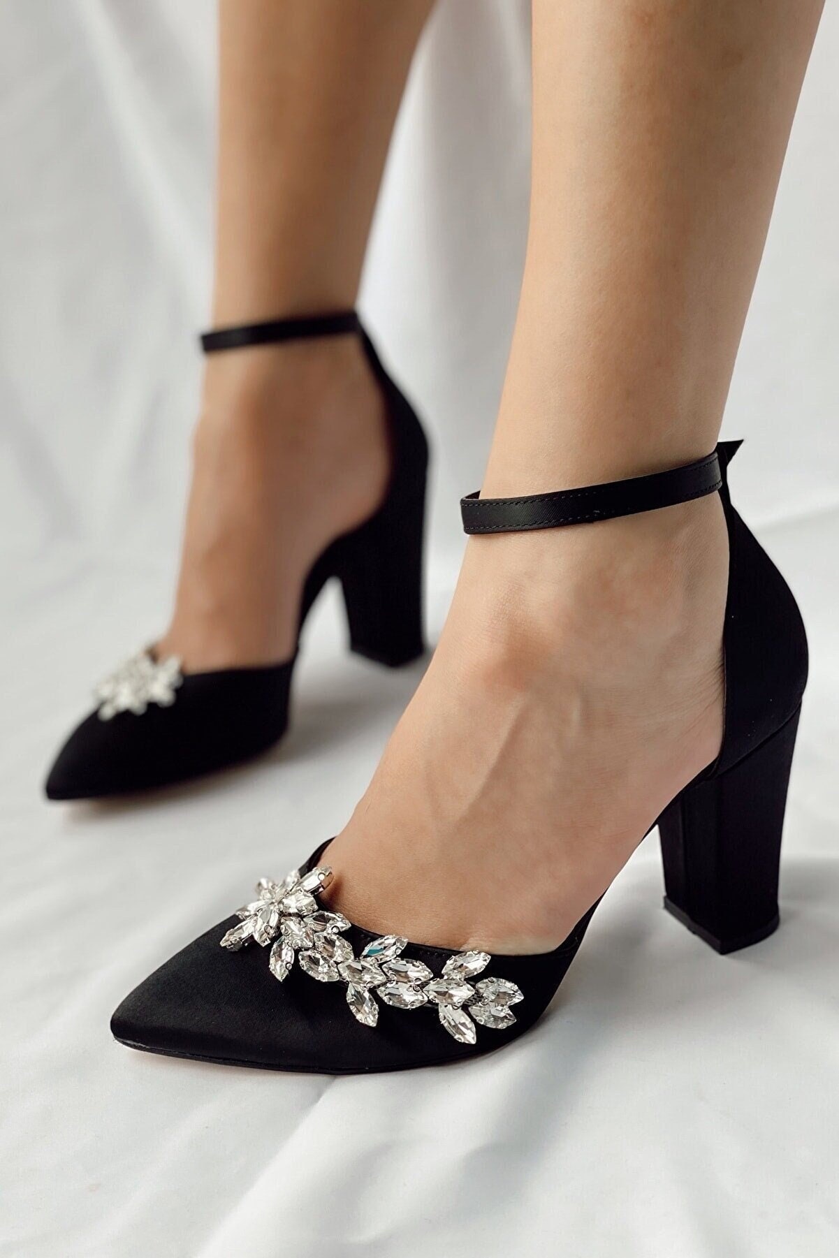 Black Clear Strap Pointed Toe Block Heels | SHV-SP-80 | Cilory.com