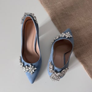 dusty blue block heels