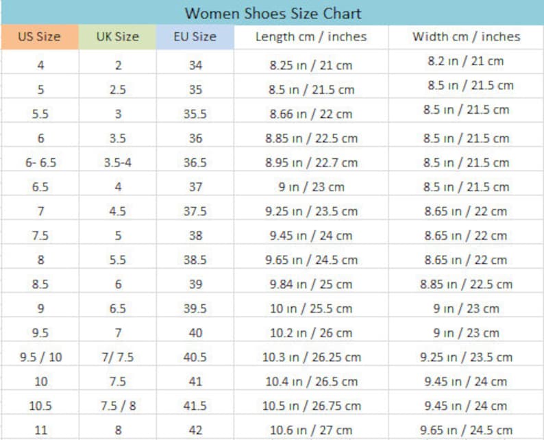 May include: A chart showing women's shoe sizes in US, UK, and EU sizes. The chart also includes the corresponding length and width of the shoe in centimeters and inches.