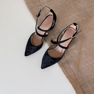 Black Velvet Shoes,  Black Wedding Shoes ,  Black Heels,  Shoes For Women, Black Ankle Strap, Velvet ,Bridal Heels, Black Block Heels