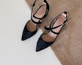 Black Velvet Shoes,  Black Wedding Shoes ,  Black Heels,  Shoes For Women, Black Ankle Strap, Velvet ,Bridal Heels, Black Block Heels