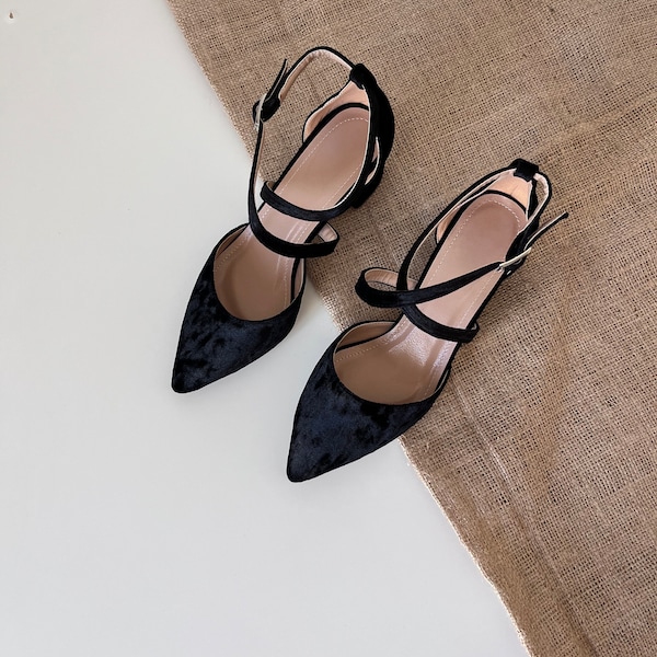 Black Velvet Shoes,  Black Wedding Shoes ,  Black Heels,  Shoes For Women, Black Ankle Strap, Velvet ,Bridal Heels, Black Block Heels