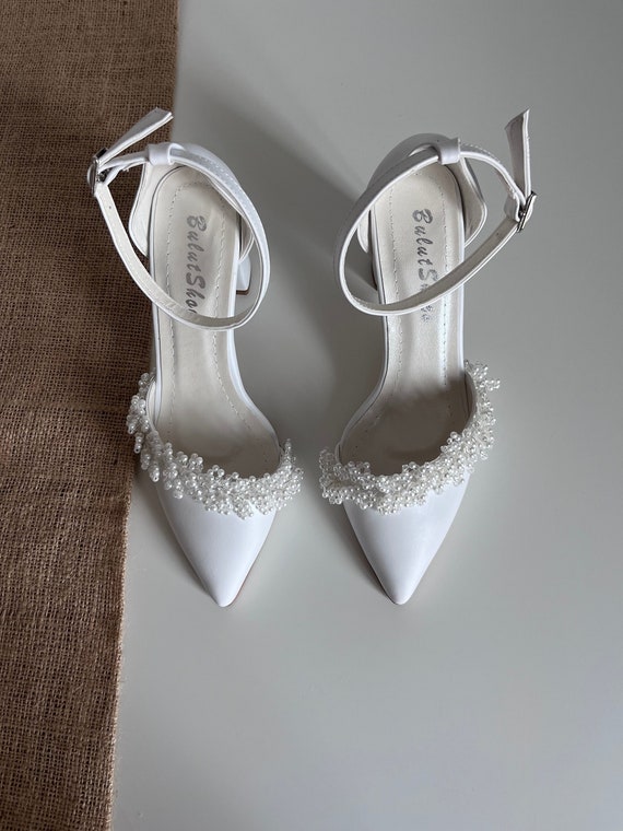 Pearl Wedding Shoes, White Ankle Strap, White Wedding Shoes, White Bridal Shoes, Bride Shoes, White Block Heels, Wedding Shoes For Bride