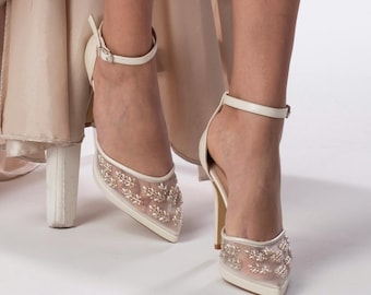 Zapatos de boda color marfil, zapatos de tacón ancho para bodas, zapatos de novia, zapatos para la novia, zapatos de boda bordados, zapatos de boda de tul