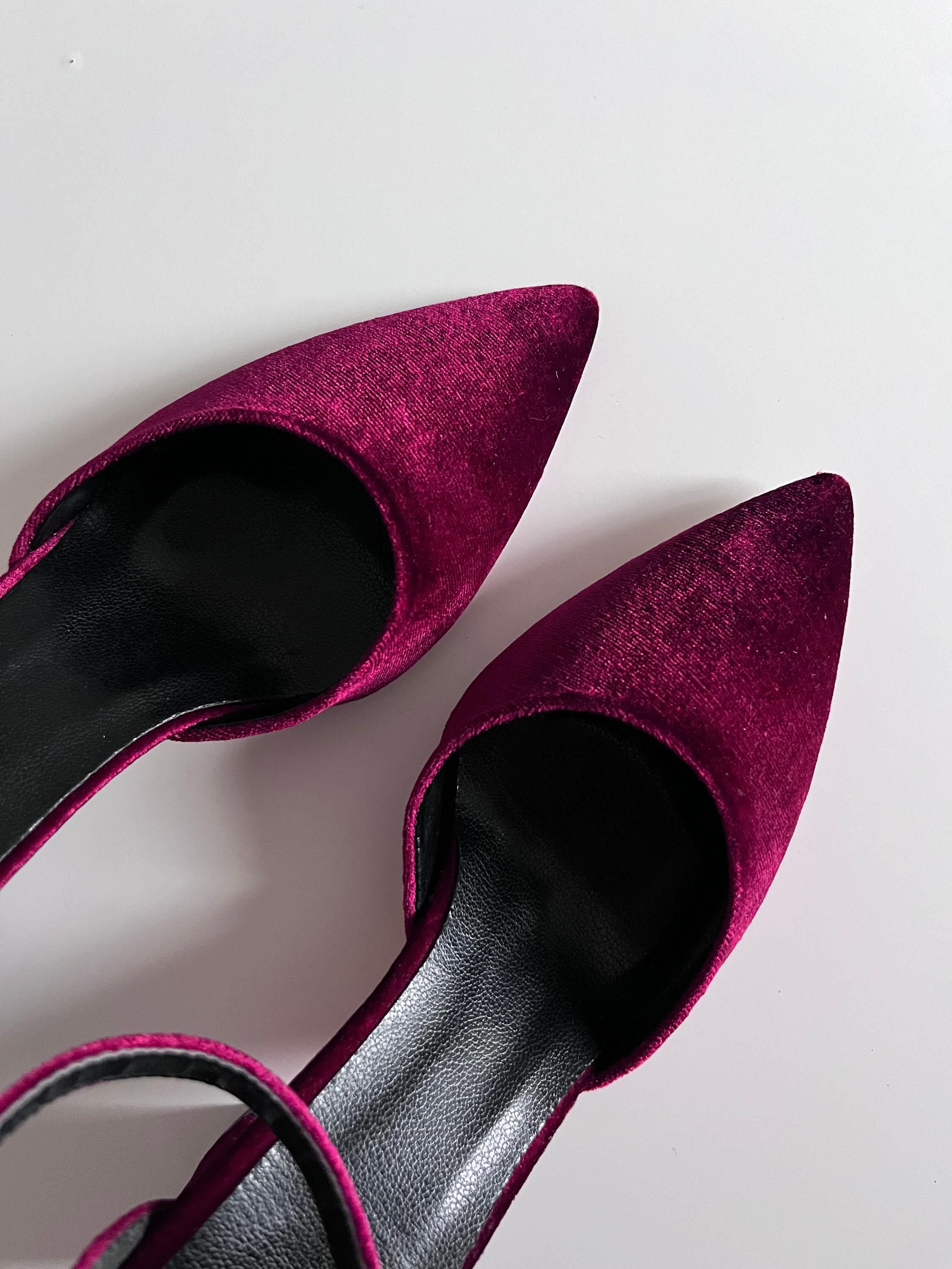 Buy Velvet Pumps Pointed Toe Block Heels 3 inch High Heel Flowers Burgundy  Elegant Wedding Shoes For Women Chunky Heel 8321083027F | BuyShoes.Shop