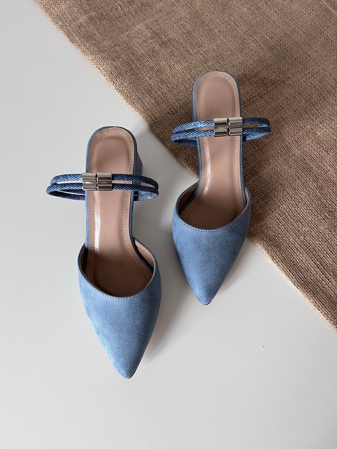 dusty blue block heel wedding shoes