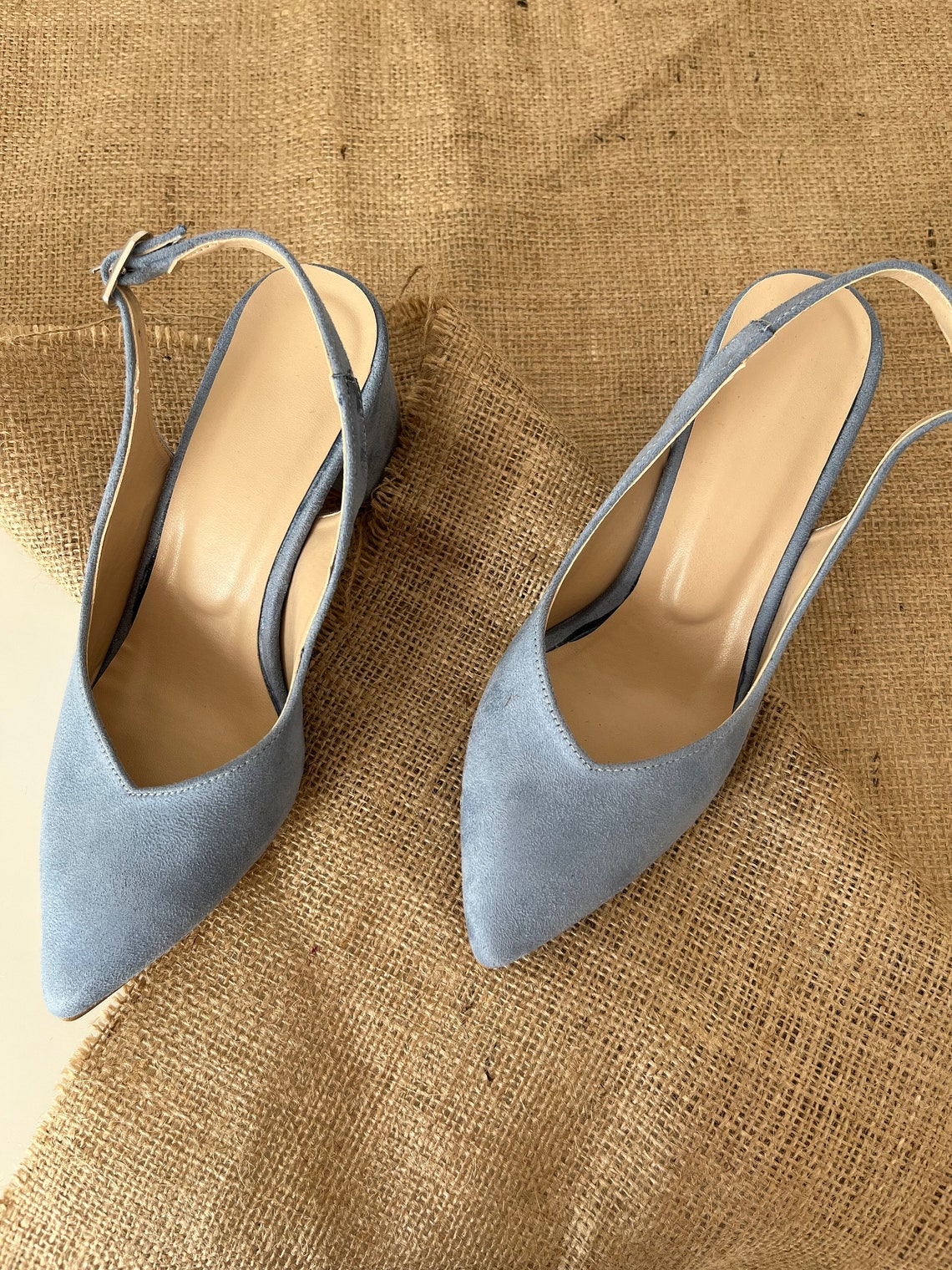 dusty blue block heels