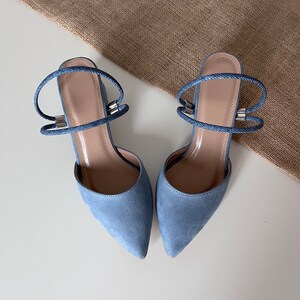 dusty blue block heel wedding shoes