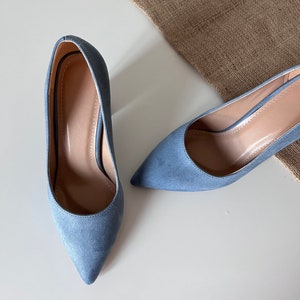 dusty blue block heel wedding shoes